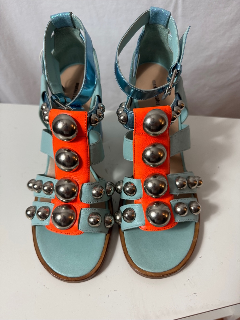 Markus Lupfer Light Blue and Orange Leather Studded Gladiator Sandals